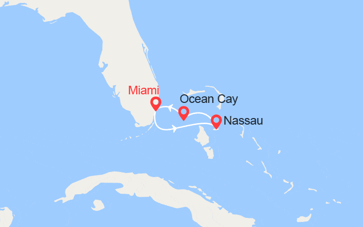 Carte itinéraire croisière Escapade aux Bahamas : Nassau et MSC Ocean Cay