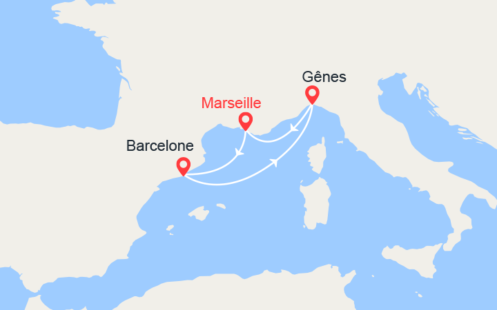 Carte itinéraire croisière Escapade en Espagne et Italie