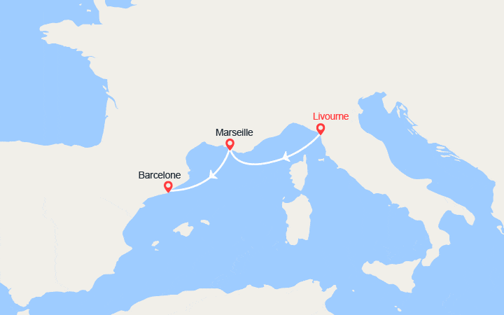 Carte itinéraire croisière Escapade en Italie : France, Espagne