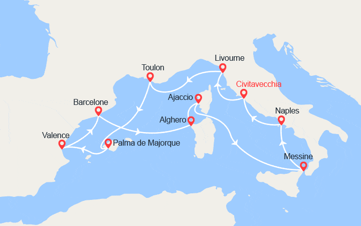 Carte itinéraire croisière Escapade en Méditerranée en passant par les îles : Sardaigne, Corse et Sicile