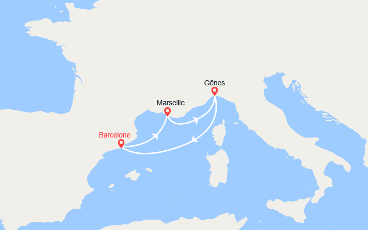 Carte itinéraire croisière Escapade en Méditérranée : Espagne, Provence, Italie