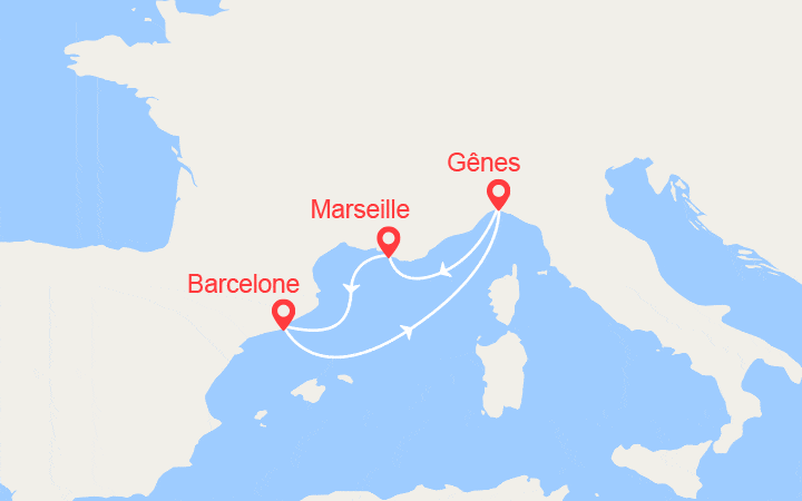 Carte itinéraire croisière Escapade en Méditerranée : France, Espagne, Italie