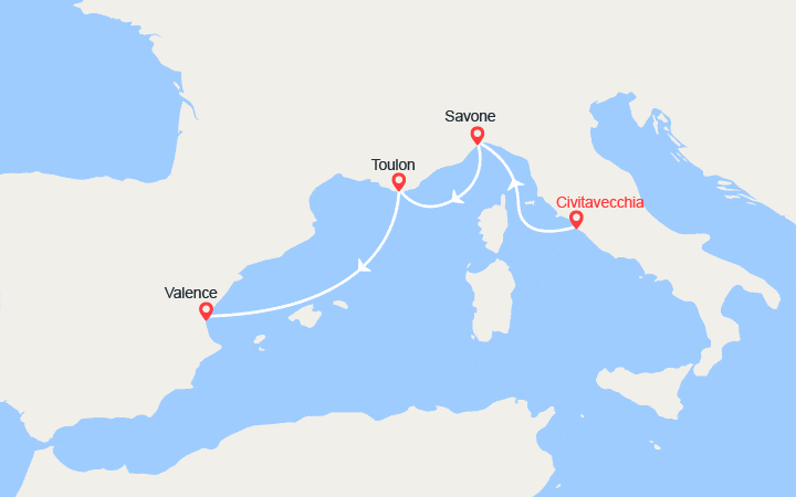 Carte itinéraire croisière Escapade en Méditerranée : Italie, Provence, Espagne