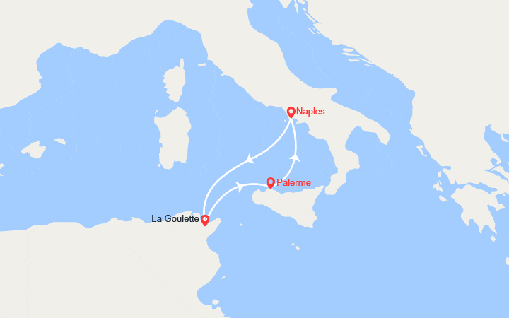 Carte itinéraire croisière Escapade en Méditerranée : Italie, Tunisie, Sicile