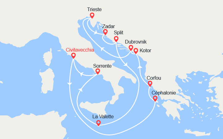 Carte itinéraire croisière Escapade vers la mer Adriatique