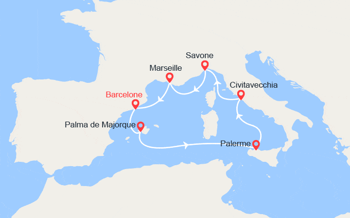 Carte itinéraire croisière Espagne, Baléares, Italie, France
