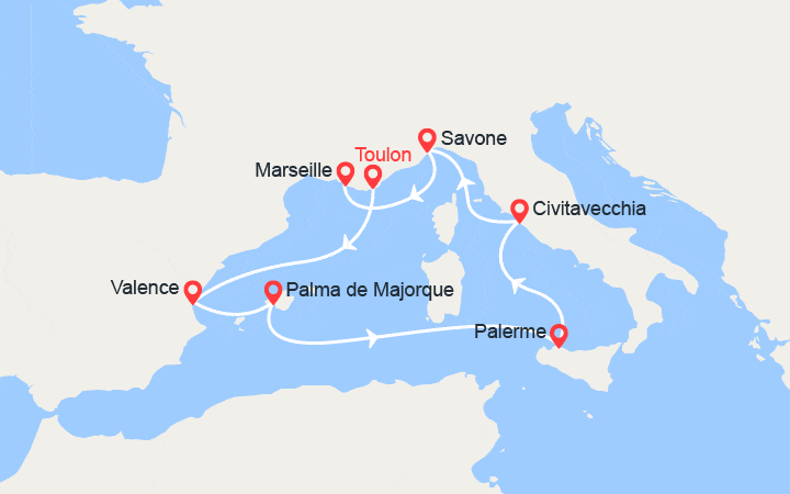Carte itinéraire croisière Espagne, Baléares, Italie, France