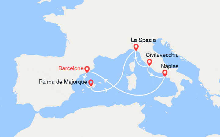 Carte itinéraire croisière Espagne et Italie