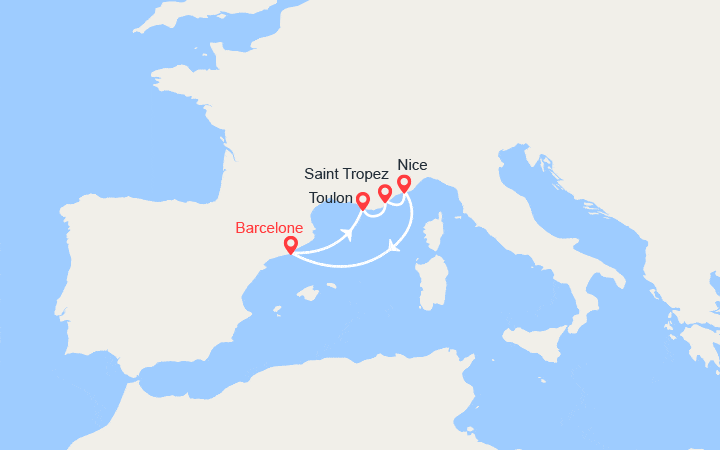 Carte itinéraire croisière Espagne, France