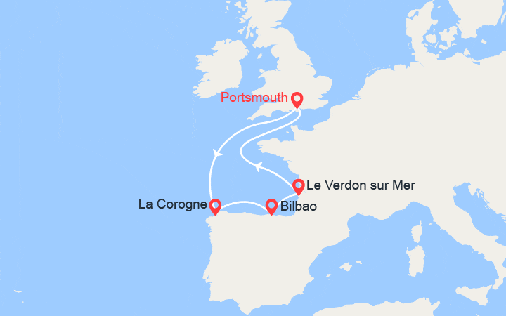 Carte itinéraire croisière Espagne, France