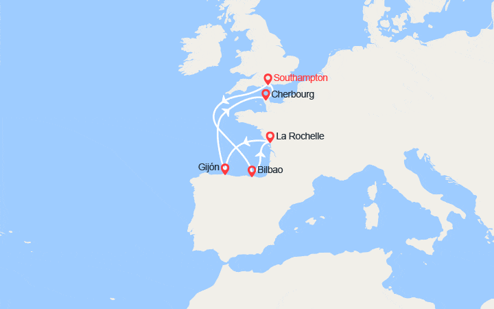 Carte itinéraire croisière Espagne, France au départ du Royaume-Uni