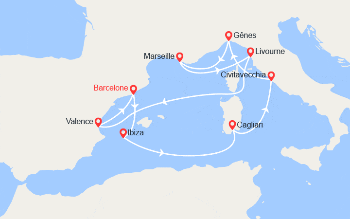 Carte itinéraire croisière Espagne, Ibiza, Italie, France