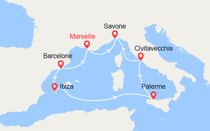 Carte itinéraire croisière Espagne, Ibiza, Sicile, Italie