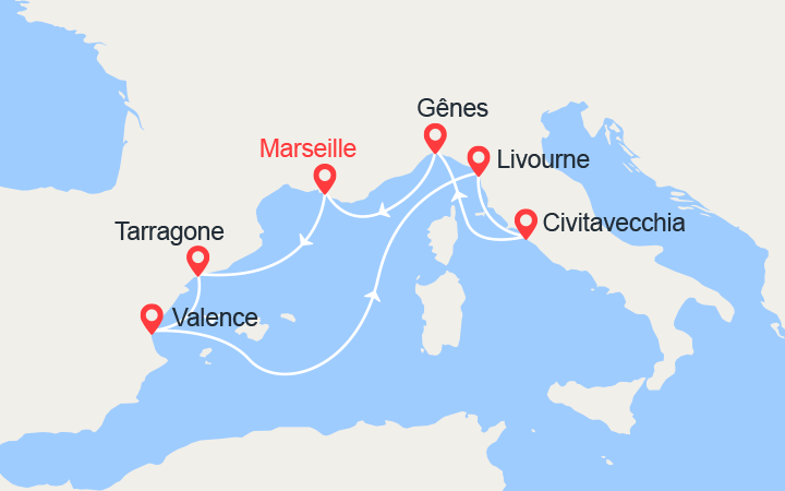 Carte itinéraire croisière Espagne, Italie