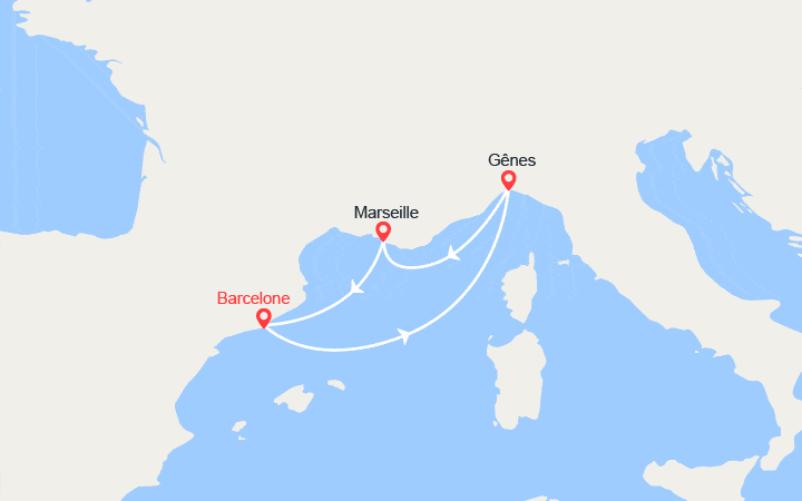 Carte itinéraire croisière Espagne, Italie, France