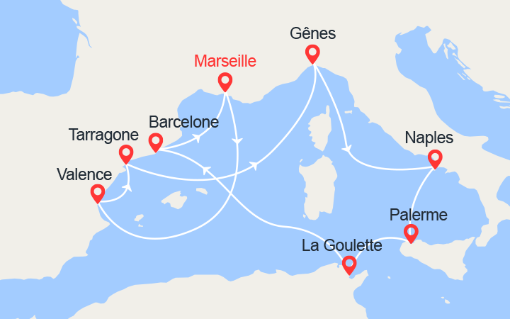 Carte itinéraire croisière Espagne, Italie, Sicile, Tunisie
