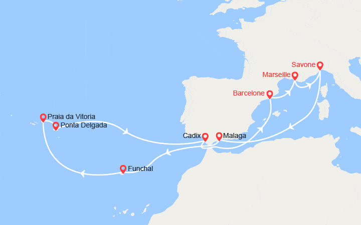 Carte itinéraire croisière Espagne, Madère, Açores