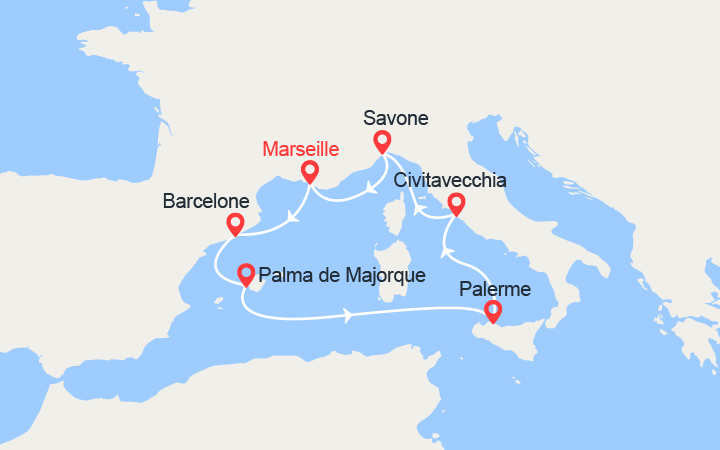 Carte itinéraire croisière Espagne, Majorque, Sicile, Italie