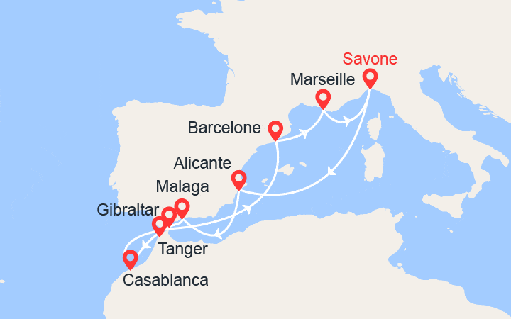 Carte itinéraire croisière Espagne, Maroc, Gibraltar