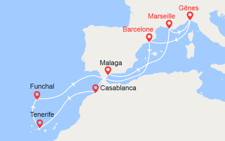 Carte itinéraire croisière Espagne, Maroc, Tenerife, Madère