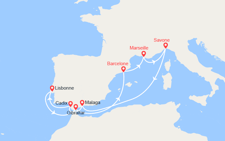 Carte itinéraire croisière Espagne, Portugal, Gibraltar