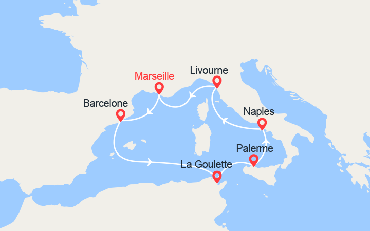 Carte itinéraire croisière Espagne, Tunisie, Sicile, Italie