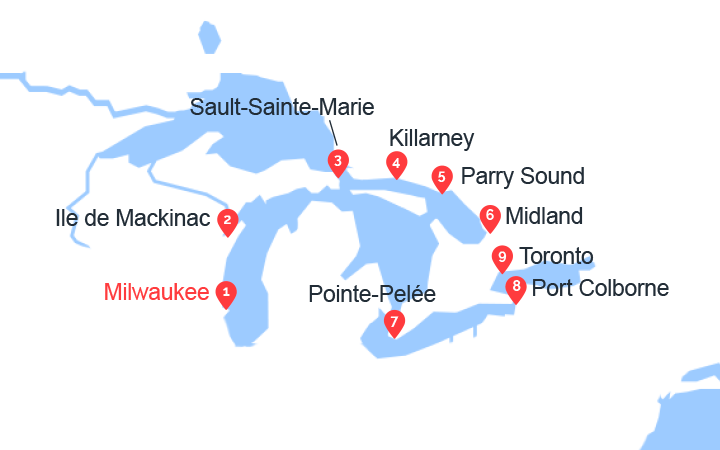 Carte itinéraire croisière Expédition au coeur des Grands Lacs américains