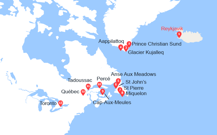 Carte itinéraire croisière Expedition du Groenland au Canada par Saint-Pierre-et-Miquelon
