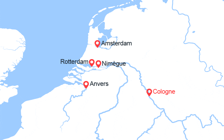 Carte itinéraire croisière Expérience des Pays-Bas et de la Belgique