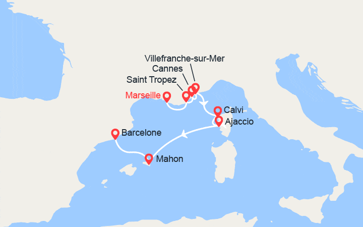 Carte itinéraire croisière Expérience méditerranéenne en France et en Espagne