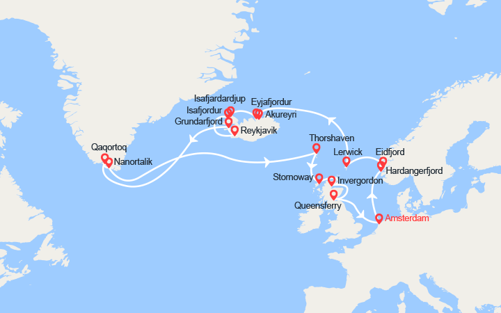 Carte itinéraire croisière Fjord de Norvège, Islande, Groenland, Ecosse