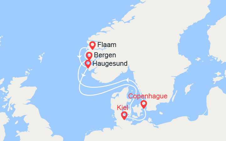 Carte itinéraire croisière Fjords de Norvège: Bergen, Flam, Haugesund