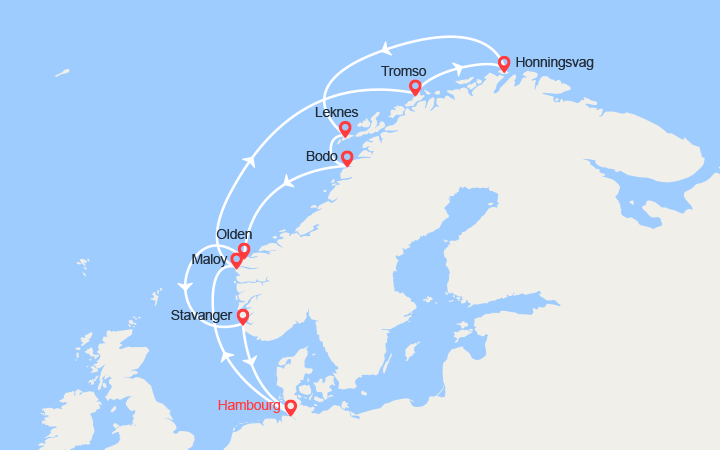 Carte itinéraire croisière Fjords de Norvège, Cap Nord, Iles Lofoten