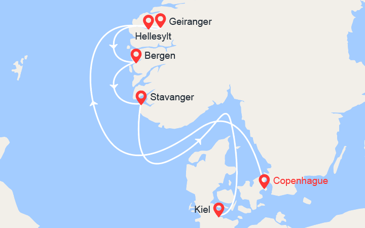 Carte itinéraire croisière Fjords de Norvège: Geiranger, Bergen, Stavanger