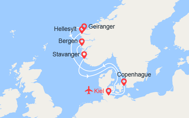 Carte itinéraire croisière Fjords de Norvège: Geiranger, Bergen, Stavanger - Vols inclus