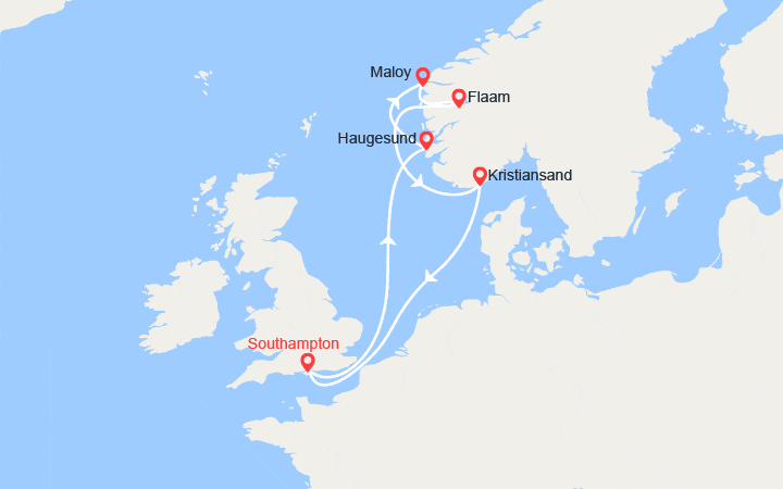 Carte itinéraire croisière Fjords de Norvège : Haugesund, Maloy, Flam, Kristiansand