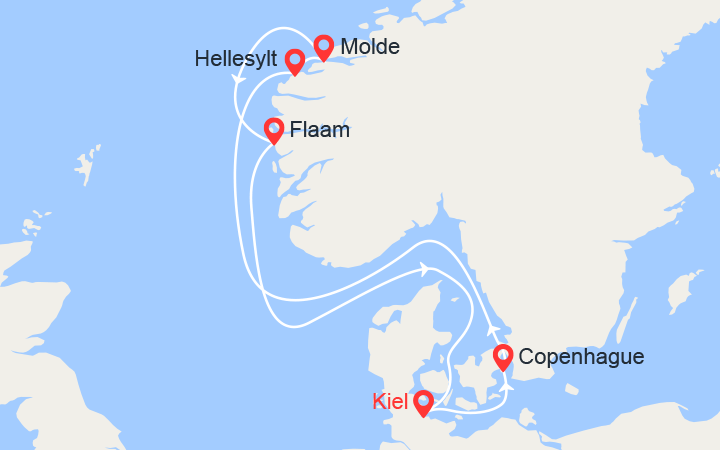 Carte itinéraire croisière Fjords de Norvège: Hellesylt, Molde, Flam