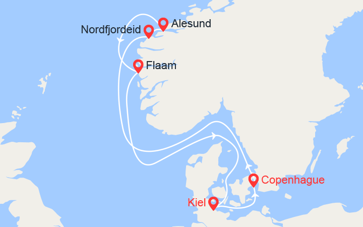 Carte itinéraire croisière Fjords de Norvège: Nordfjordeid, Alesund, Flam