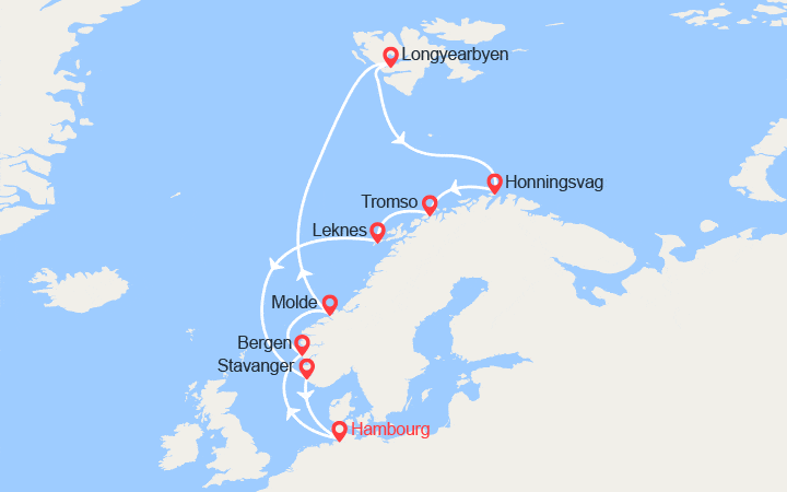Carte itinéraire croisière Fjords de Norvège, Spitzberg, Cap Nord