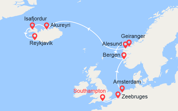 Carte itinéraire croisière Fjords et Islande