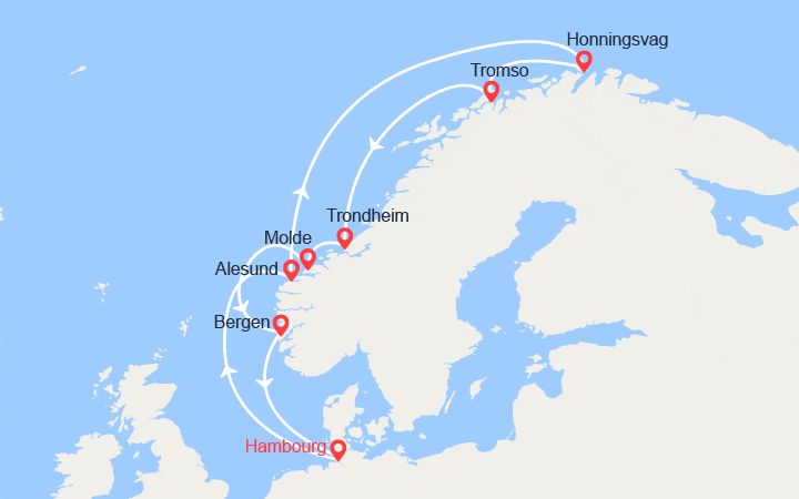 Carte itinéraire croisière Fjords Norvégiens et Cap Nord