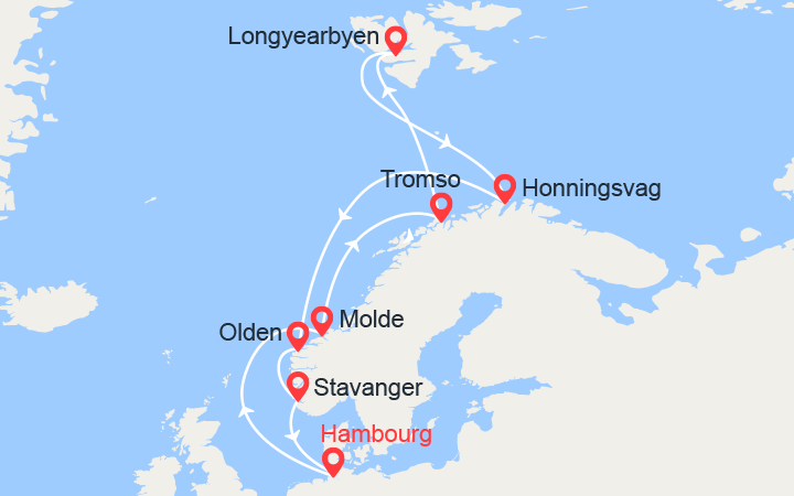 Carte itinéraire croisière Fjords Norvégiens, Spitsbergen, Cap Nord