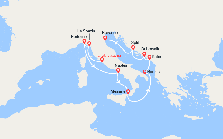 Carte itinéraire croisière Florence, Naples, Messine, Brindisi, Kotor, Dubrovnik, Split