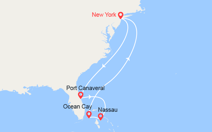 Carte itinéraire croisière Floride & Bahamas - au départ de New York