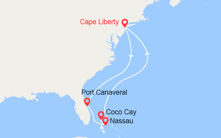 Carte itinéraire croisière Floride et Bahamas au départ de New York