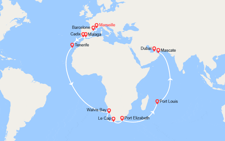 Carte itinéraire croisière France, Espagne, Canaries, Namibia, Afrique du Sud, Maurice, Oman, Emirats Arabes Unis