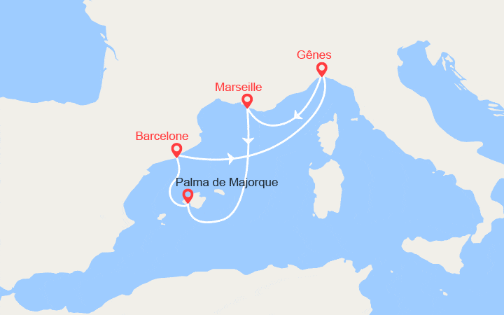 Carte itinéraire croisière France, Espagne, Italie