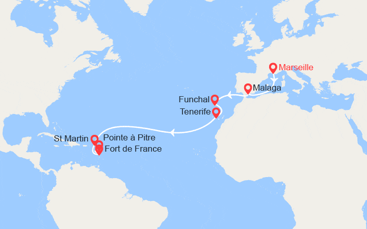 Carte itinéraire croisière France, Espagne, Madère, Canaries, Antilles