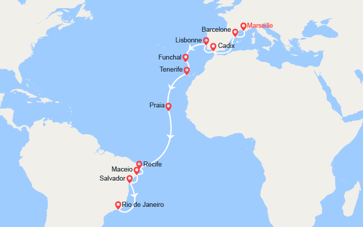 Carte itinéraire croisière France, Espagne, Portugal, Madère, Canaries, Brésil