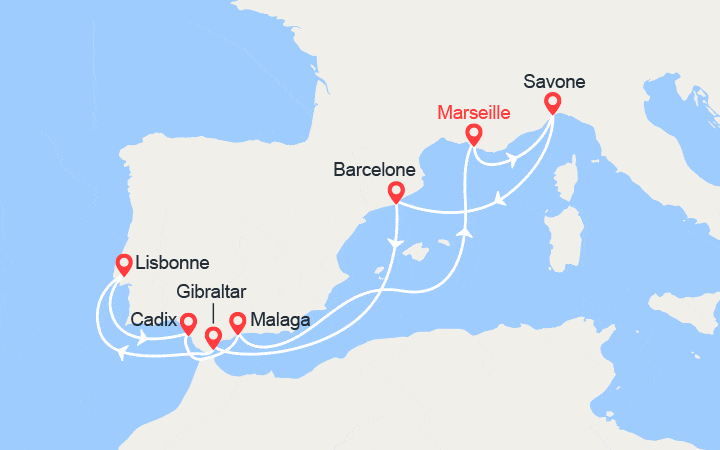 Carte itinéraire croisière France, Italie, Espagne, Gibraltar, Portugal